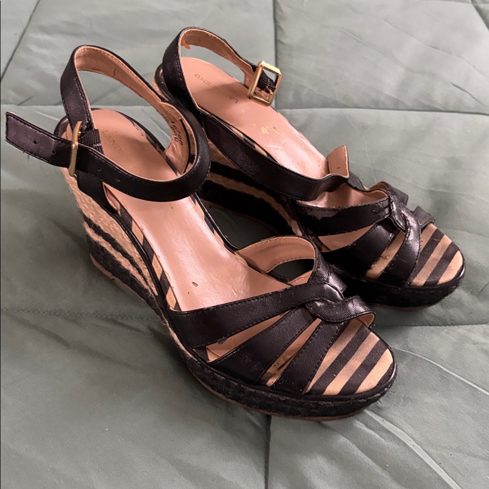 Lands' End Black Strappy Wedge Heels